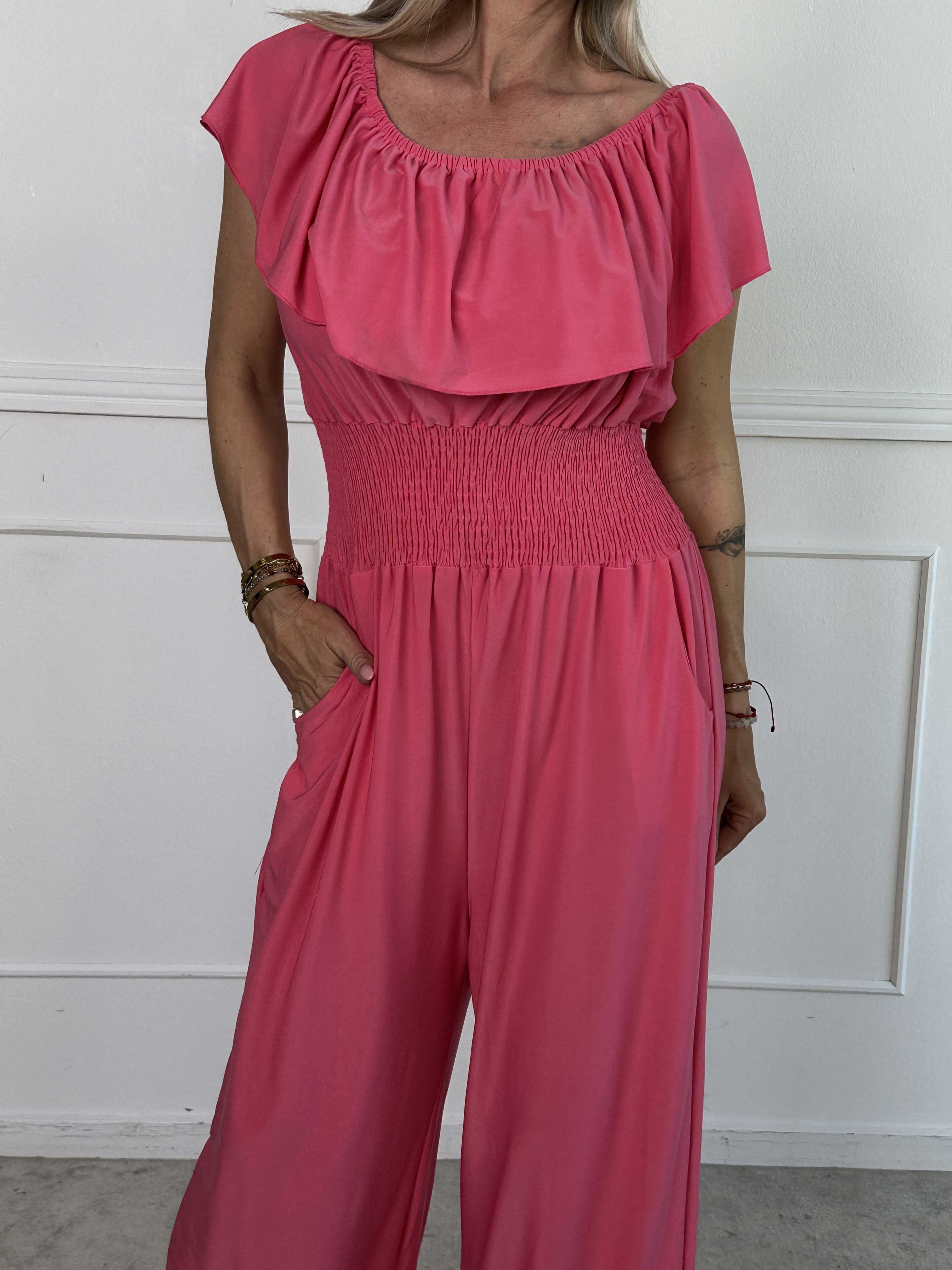 Pams Plain Frill Jumpsuit - Elastisk buksedragt med smock og flæse